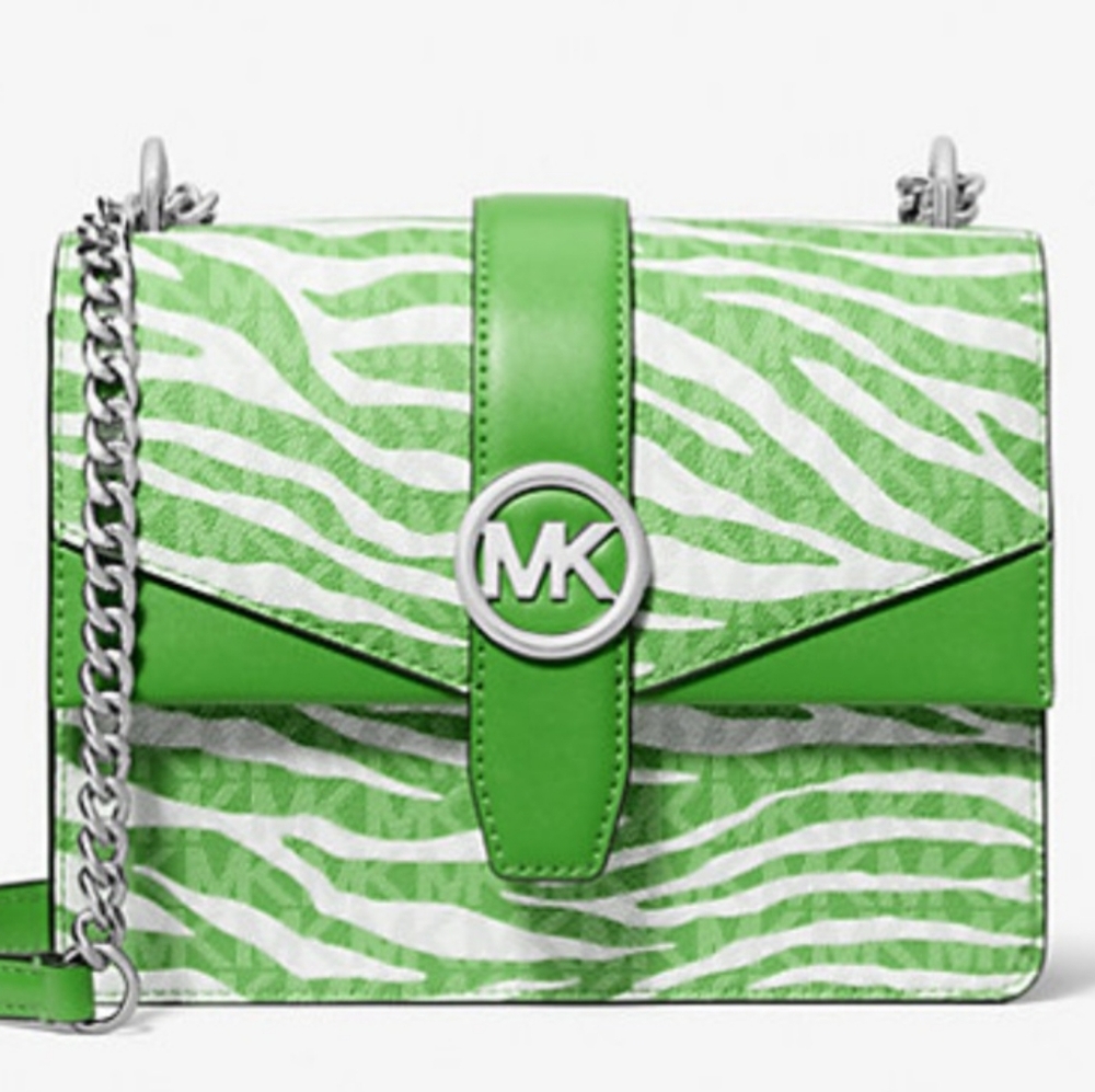 Set/3 NWT Michael Kors Green and White Zebra Crossbody Bag - Wallet - Keychain